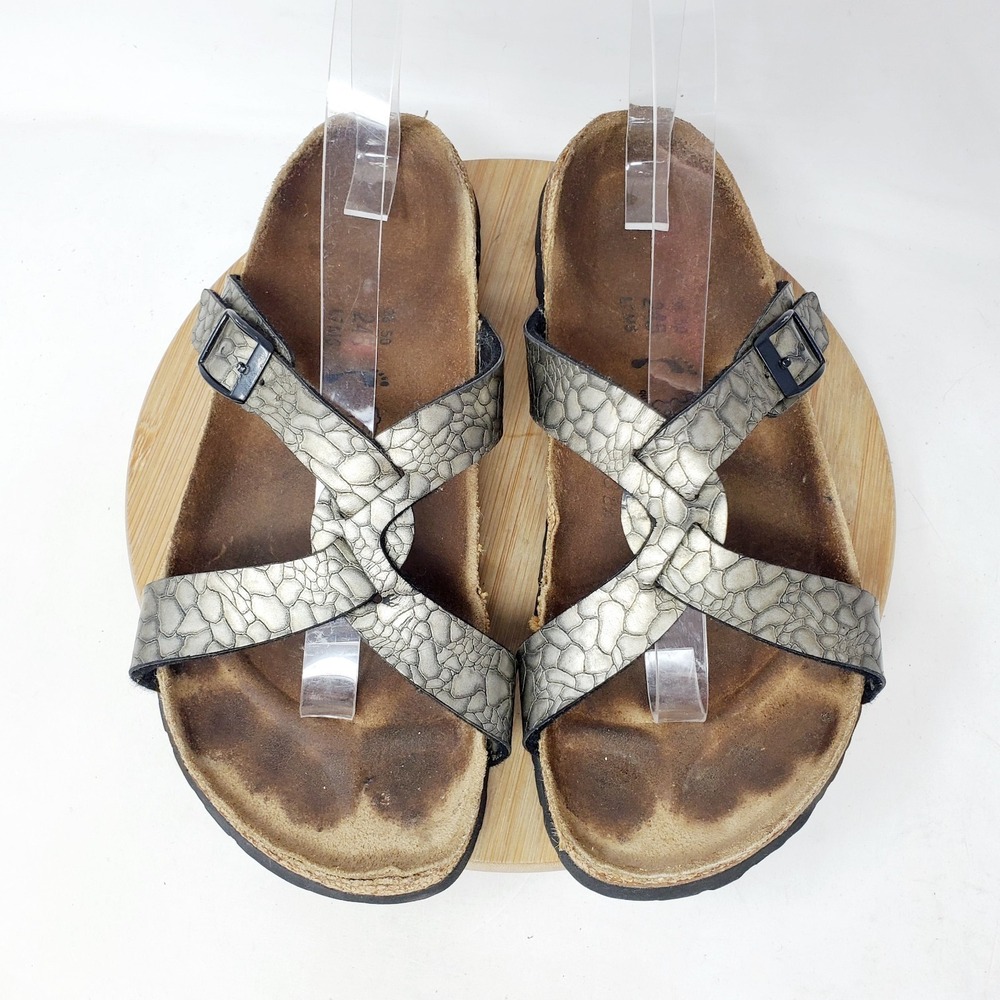 Birki Sylt Sandals 38 Womens 7 Metallic Cross Straps Buckles Slide Shoes